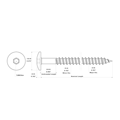 TW-S-D12 #10 Facade Panel to Wood Screw, Dome Head, 304 Full Stainless
