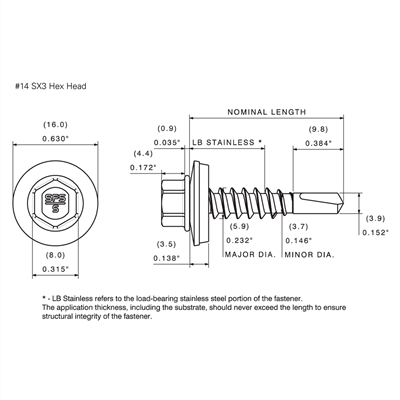 SX3 #14 Metal Self-Drill Screw Bi-Met, HWH, 304 Stainless